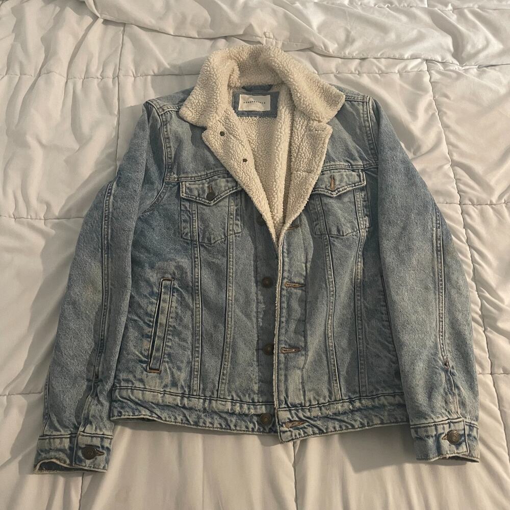 Aeropostale Men's Small Blue Fur Sherpa Lined Button Up Denim Jean Jacket Y2K